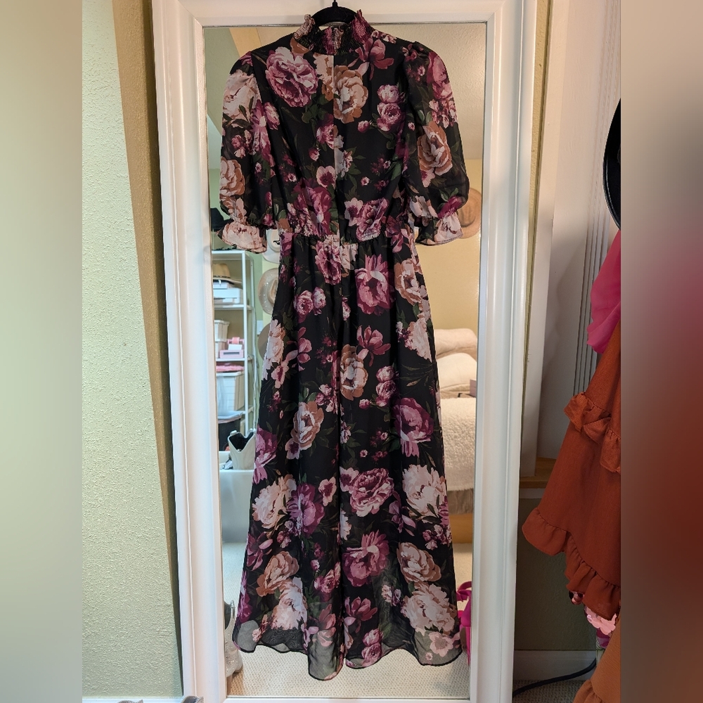 Eliza J Black and Purple Floral Long Sleeve Dress Size 4 - Picture 8 of 10